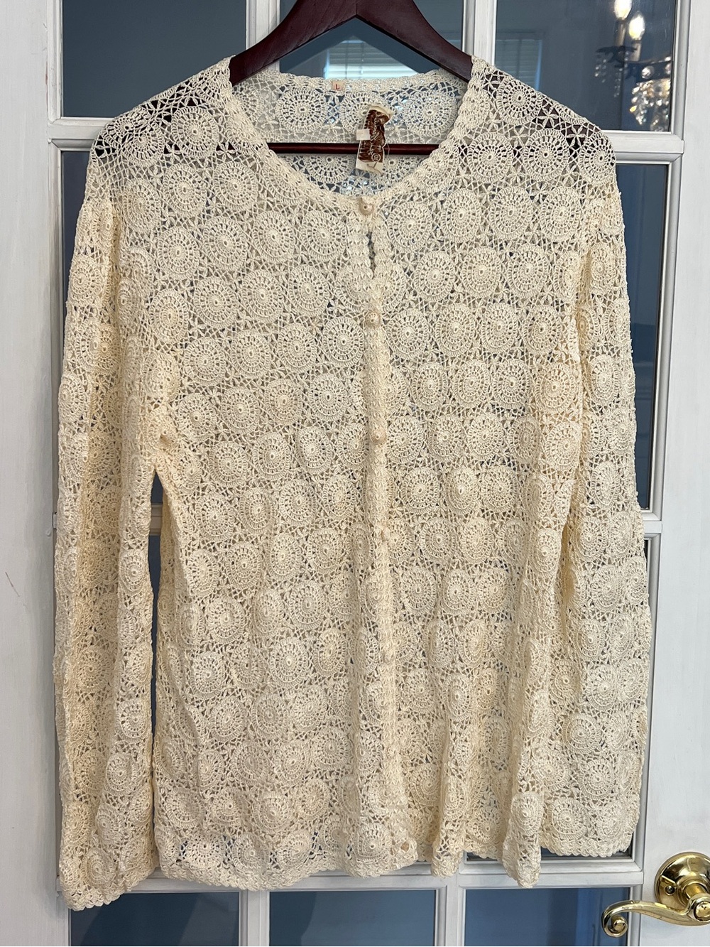 Women’s Ivory Hand Crochet Lace Cardigan Floral Button Front Boho Cottagecore L